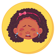 Illustration of a young girl wearing a pink headband with a sad expression and tears against a yellow background