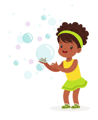 An illustration of a young girl wearing a bright green headband, a yellow top, green skirt and green tennis shoes playing with bubbles