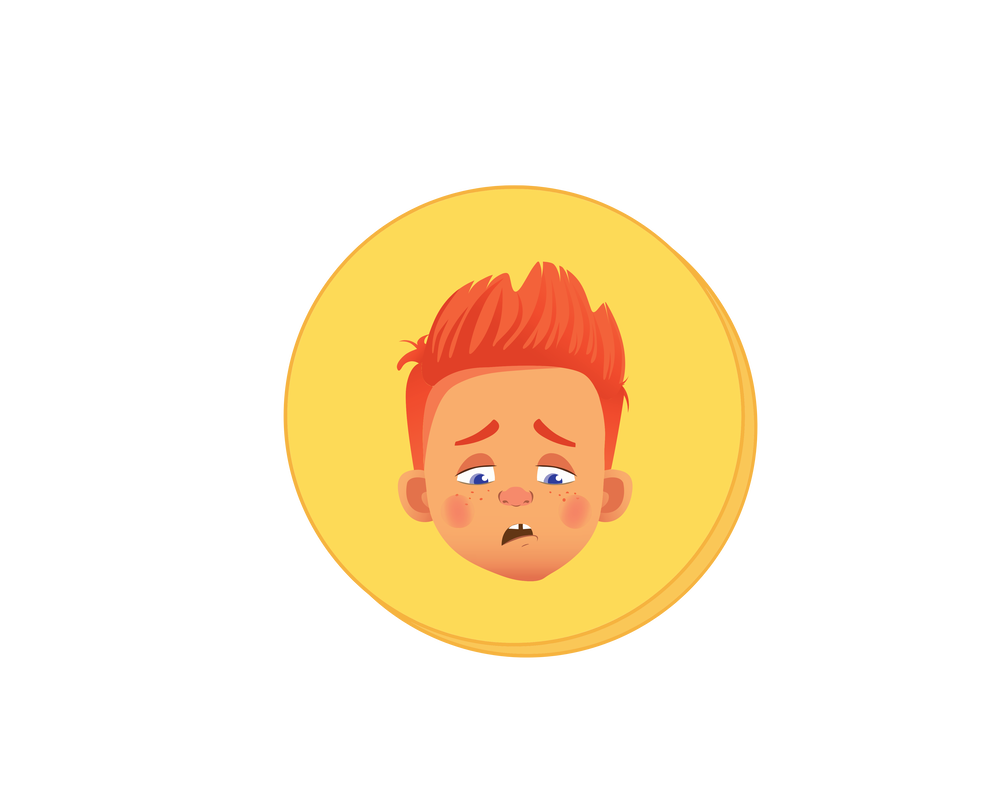 A yellow circle with the illustrated face of a young boy looking downwards and sad in the center. 